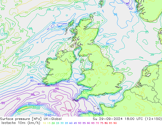 Isotachs (kph) UK-Global Ne 29.09.2024 18 UTC