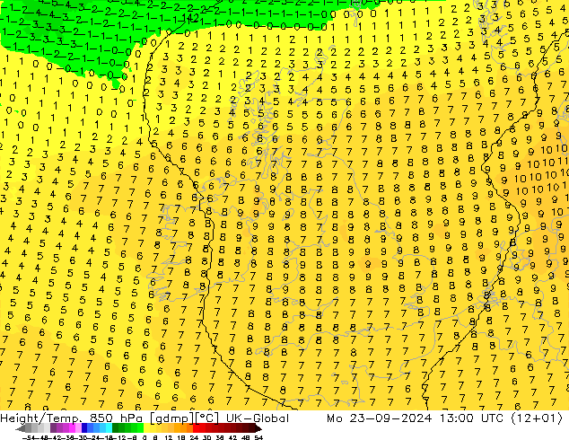 Height/Temp. 850 hPa UK-Global Mo 23.09.2024 13 UTC