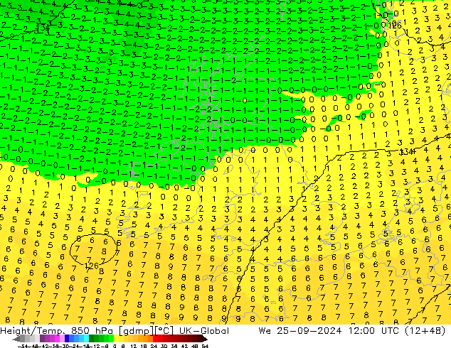 Height/Temp. 850 hPa UK-Global St 25.09.2024 12 UTC