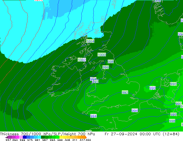 Thck 700-1000 hPa UK-Global ven 27.09.2024 00 UTC