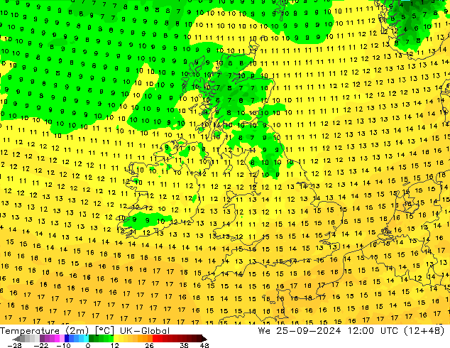 température (2m) UK-Global mer 25.09.2024 12 UTC