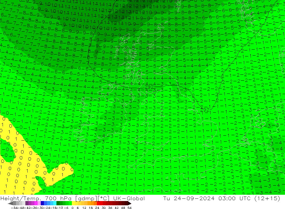 Height/Temp. 700 hPa UK-Global Tu 24.09.2024 03 UTC