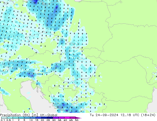 Precipitation (6h) UK-Global Tu 24.09.2024 18 UTC