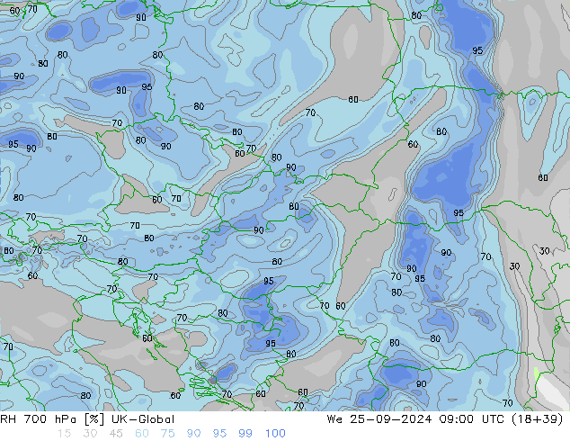 RH 700 hPa UK-Global We 25.09.2024 09 UTC