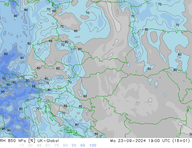 RH 850 гПа UK-Global пн 23.09.2024 19 UTC