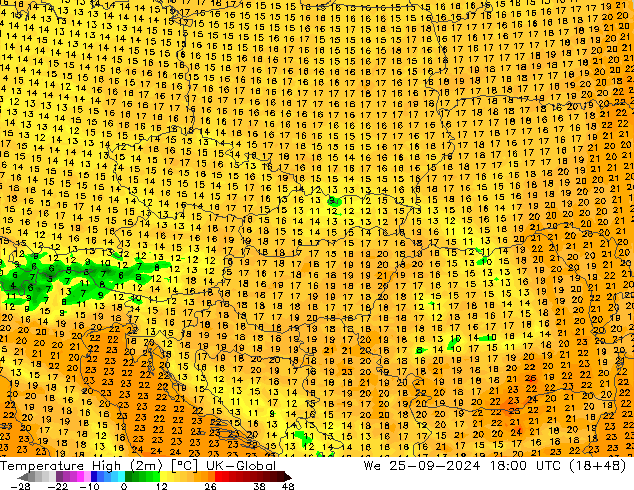 Max. Temperatura (2m) UK-Global śro. 25.09.2024 18 UTC