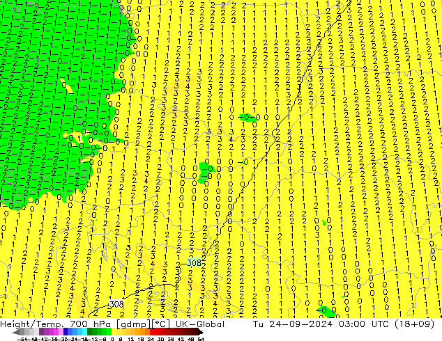 Height/Temp. 700 hPa UK-Global  24.09.2024 03 UTC