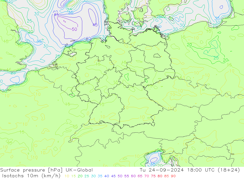 Izotacha (km/godz) UK-Global wto. 24.09.2024 18 UTC