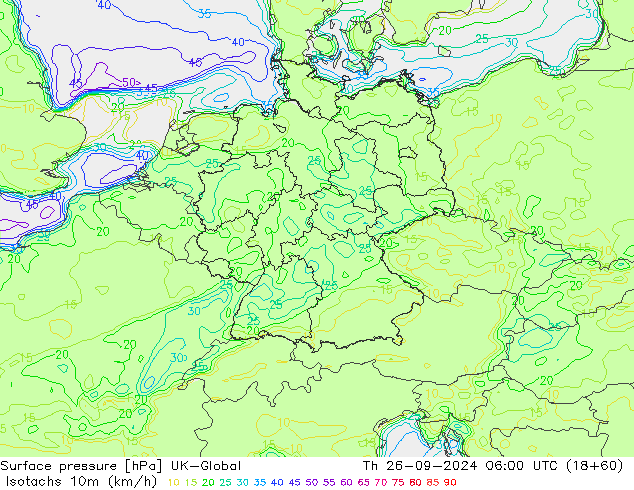 Isotachs (kph) UK-Global Th 26.09.2024 06 UTC