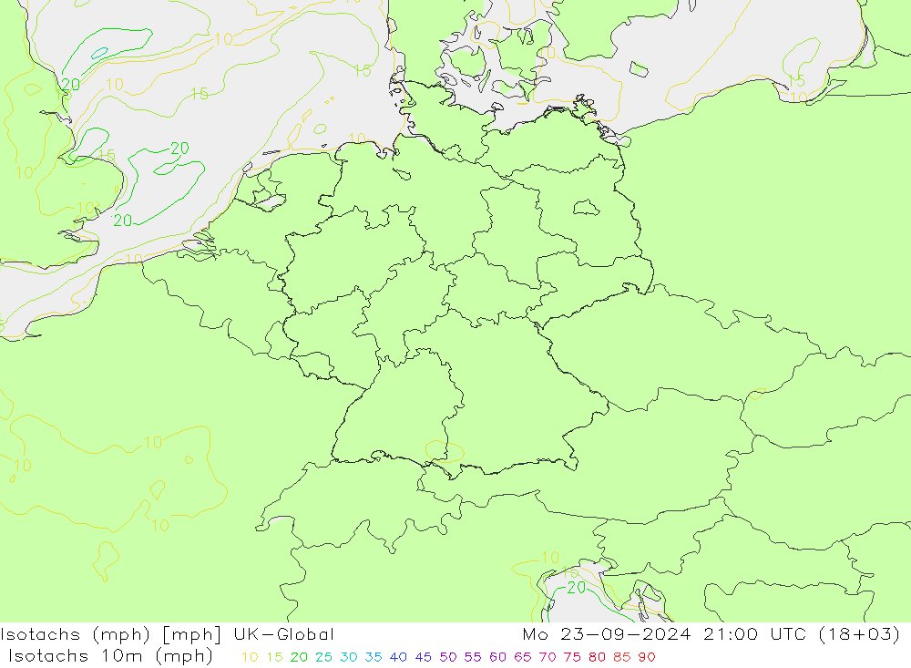 Isotachs (mph) UK-Global lun 23.09.2024 21 UTC