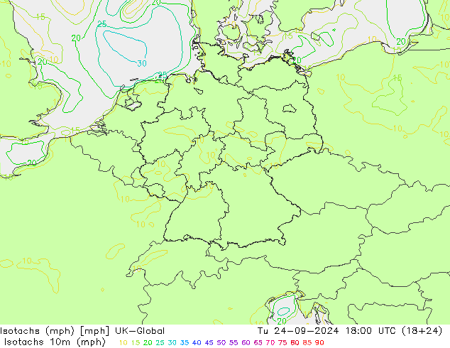 Isotachs (mph) UK-Global вт 24.09.2024 18 UTC