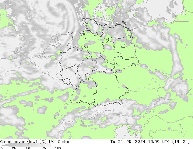 Cloud cover (low) UK-Global Tu 24.09.2024 18 UTC