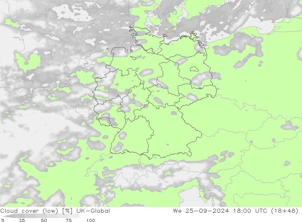 Bewolking (Laag) UK-Global wo 25.09.2024 18 UTC