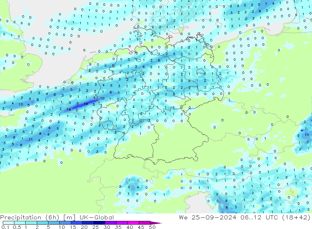 Precipitación (6h) UK-Global mié 25.09.2024 12 UTC