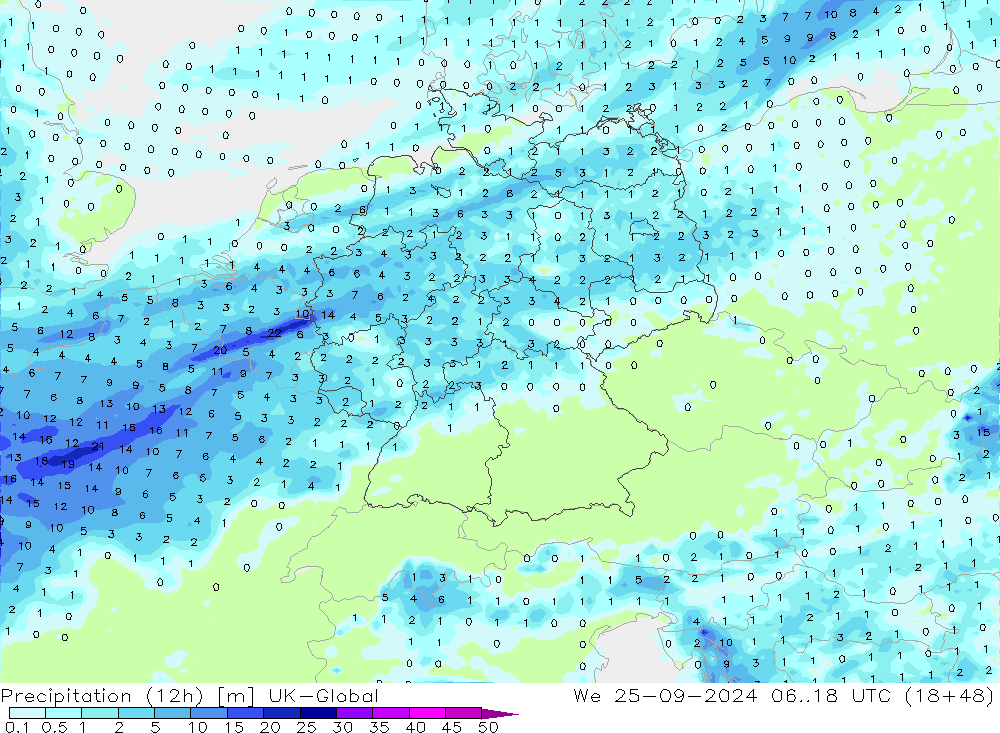 Precipitation (12h) UK-Global We 25.09.2024 18 UTC