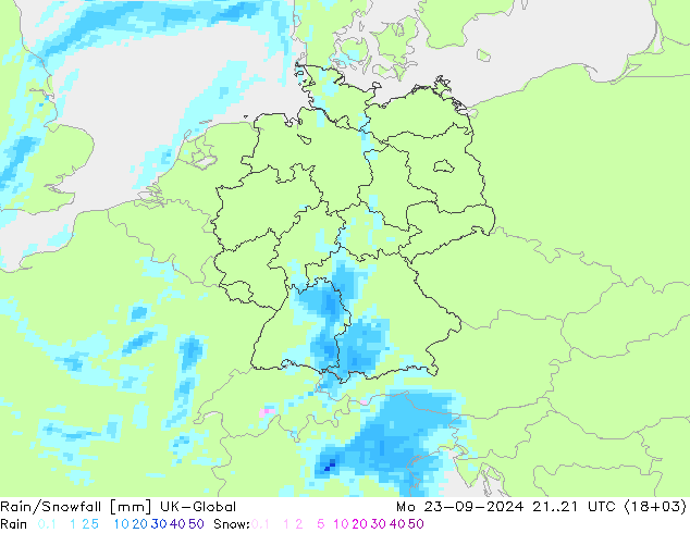 Rain/Snowfall UK-Global Mo 23.09.2024 21 UTC