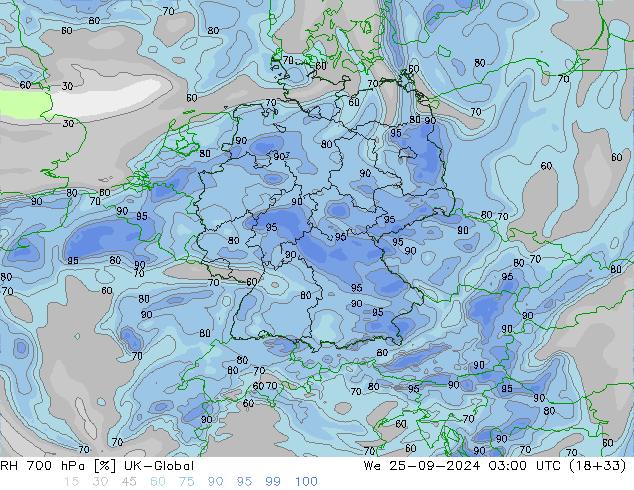 Humedad rel. 700hPa UK-Global mié 25.09.2024 03 UTC