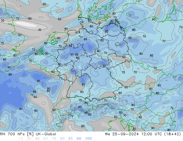 Humedad rel. 700hPa UK-Global mié 25.09.2024 12 UTC