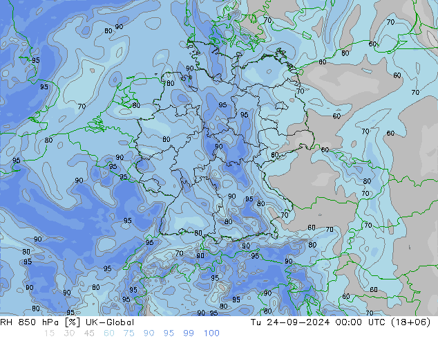 RH 850 гПа UK-Global вт 24.09.2024 00 UTC