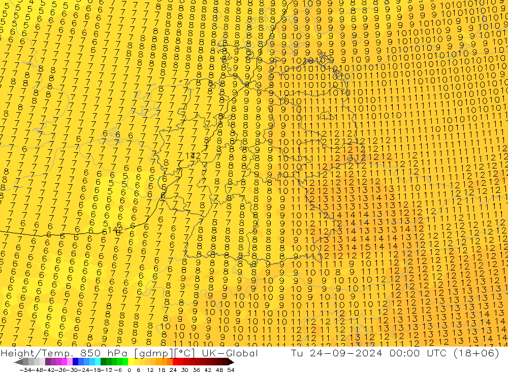 Geop./Temp. 850 hPa UK-Global mar 24.09.2024 00 UTC