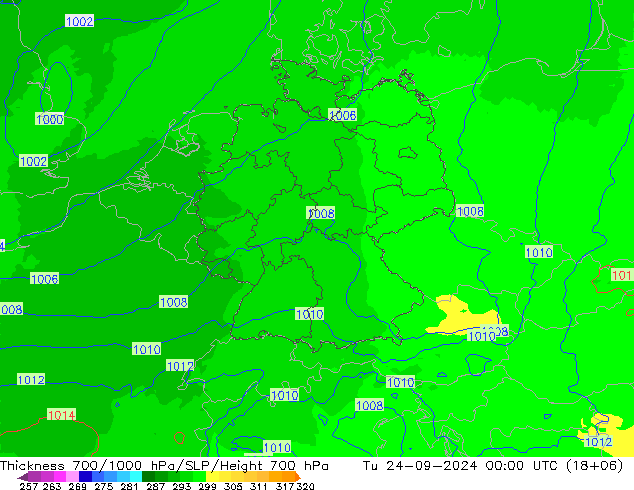 Thck 700-1000 hPa UK-Global Tu 24.09.2024 00 UTC