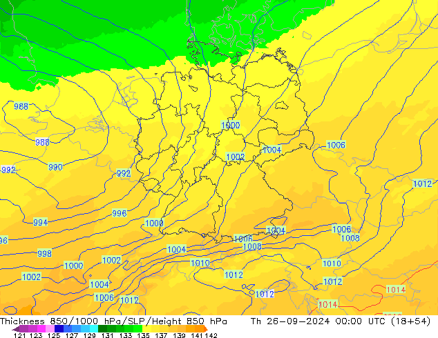 Thck 850-1000 hPa UK-Global czw. 26.09.2024 00 UTC