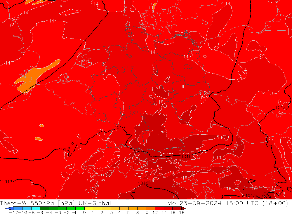 Theta-W 850hPa UK-Global Mo 23.09.2024 18 UTC