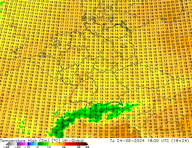 Temp. massima (2m) UK-Global mar 24.09.2024 18 UTC