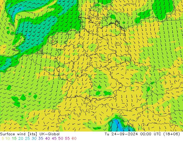 Wind 10 m UK-Global di 24.09.2024 00 UTC