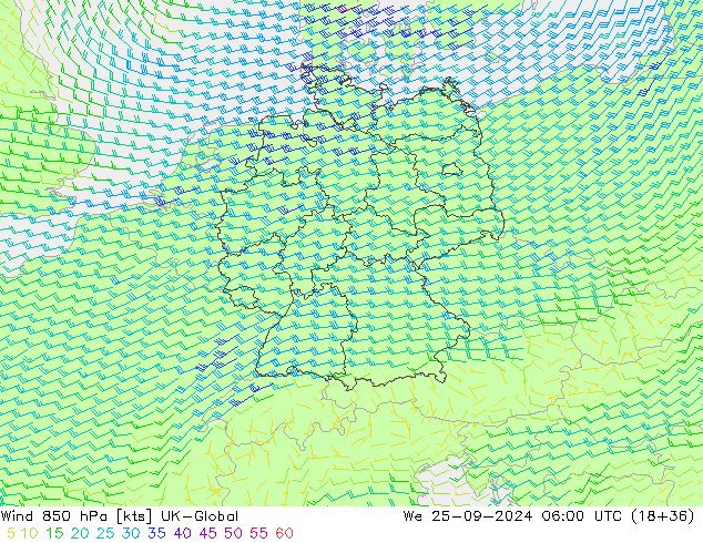 Vento 850 hPa UK-Global Qua 25.09.2024 06 UTC