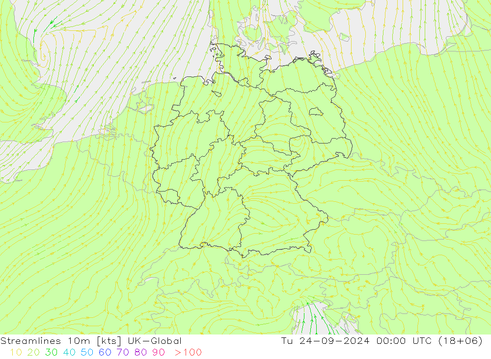 Streamlines 10m UK-Global Tu 24.09.2024 00 UTC