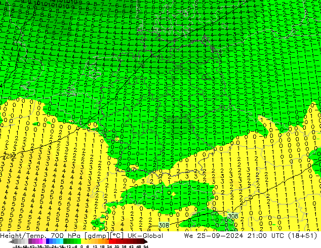 Height/Temp. 700 hPa UK-Global mer 25.09.2024 21 UTC