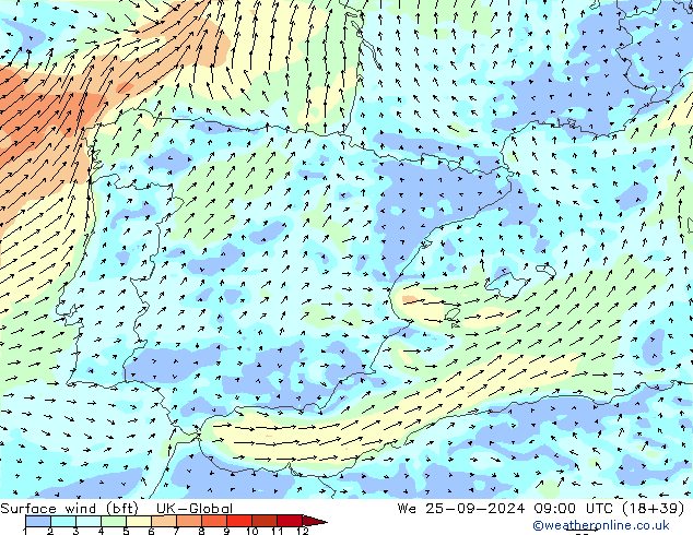 Surface wind (bft) UK-Global We 25.09.2024 09 UTC
