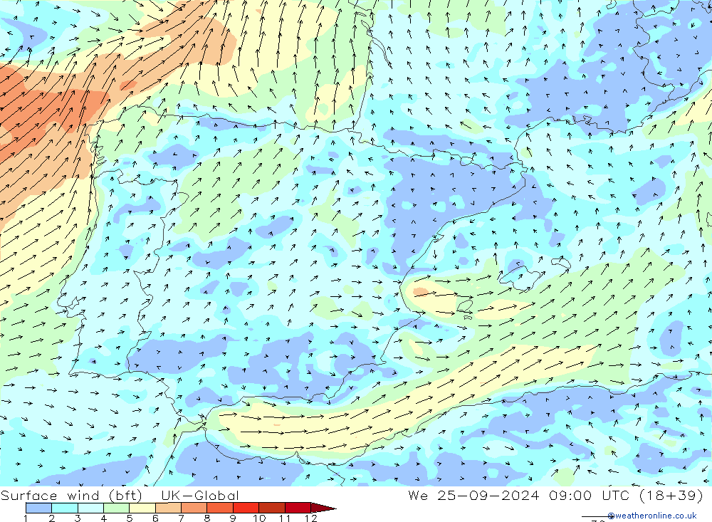 Vento 10 m (bft) UK-Global Qua 25.09.2024 09 UTC