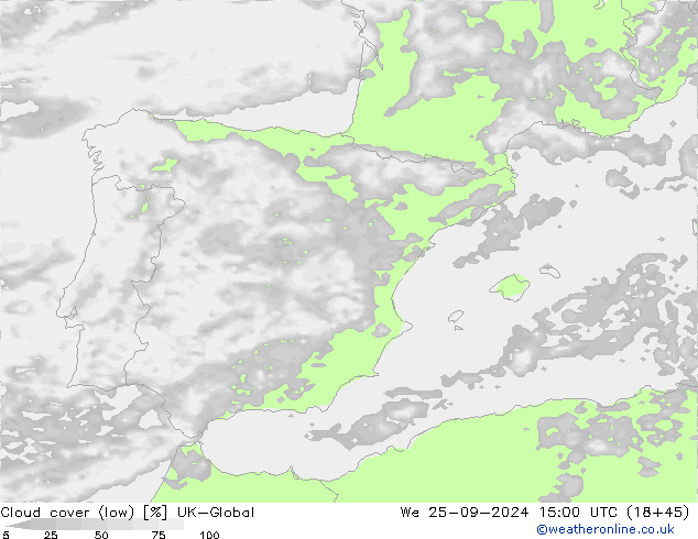 Bewolking (Laag) UK-Global wo 25.09.2024 15 UTC