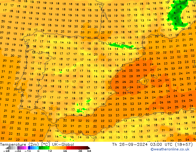 Temperature (2m) UK-Global Th 26.09.2024 03 UTC