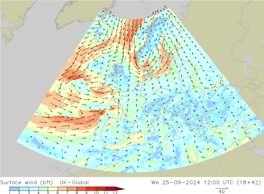 Vento 10 m (bft) UK-Global mer 25.09.2024 12 UTC