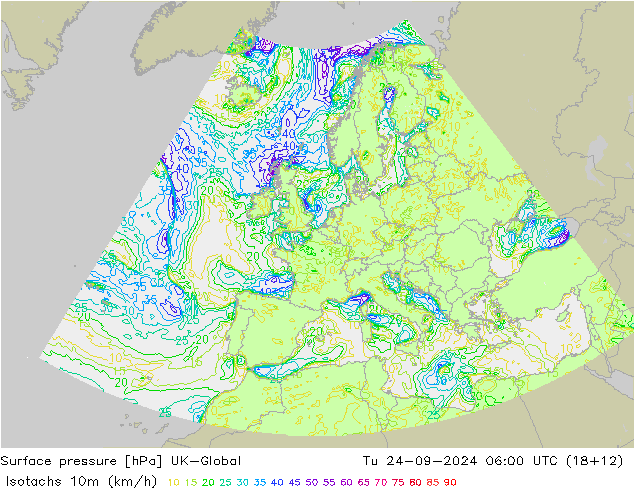 Isotachs (kph) UK-Global Tu 24.09.2024 06 UTC