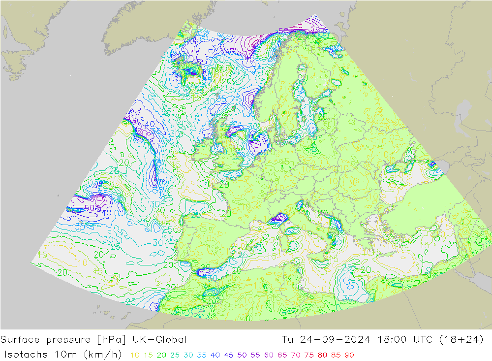 Isotachen (km/h) UK-Global Di 24.09.2024 18 UTC