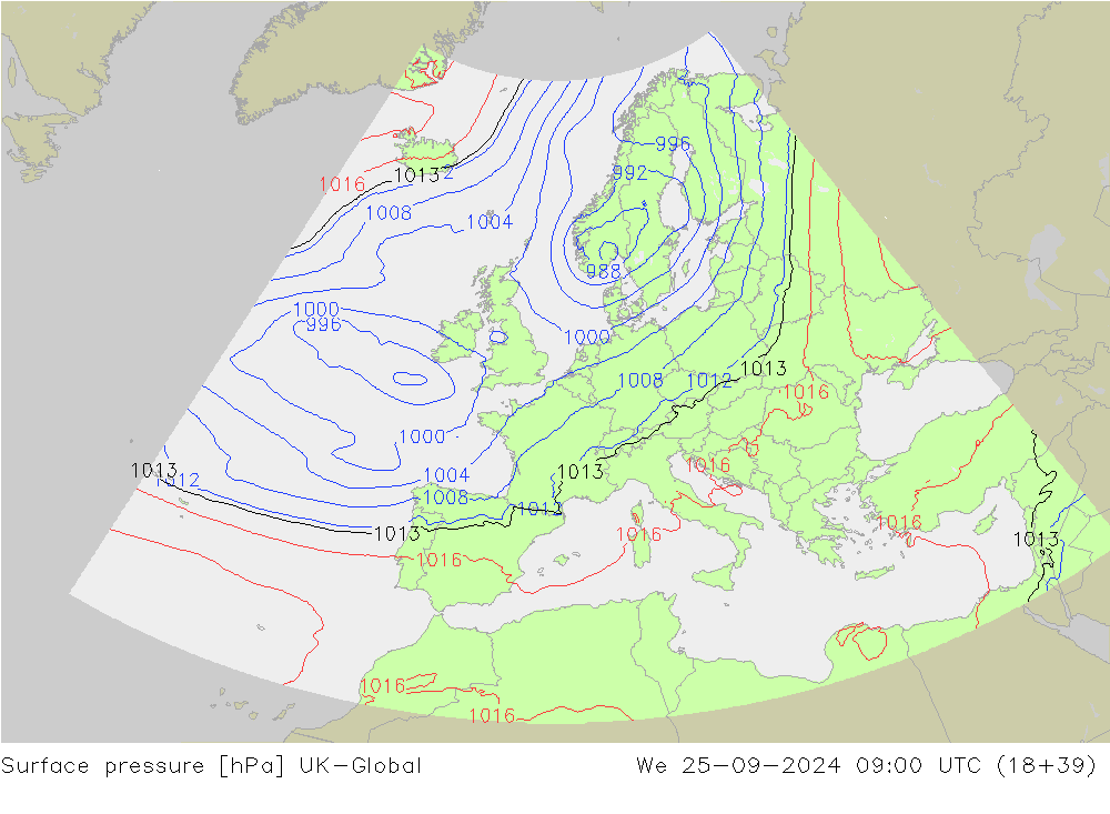 Atmosférický tlak UK-Global St 25.09.2024 09 UTC