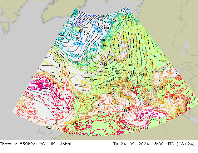 Theta-e 850hPa UK-Global Ter 24.09.2024 18 UTC