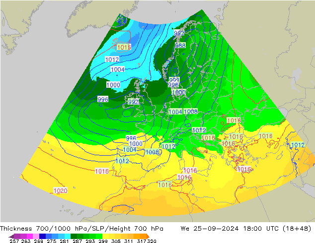 Thck 700-1000 hPa UK-Global Qua 25.09.2024 18 UTC