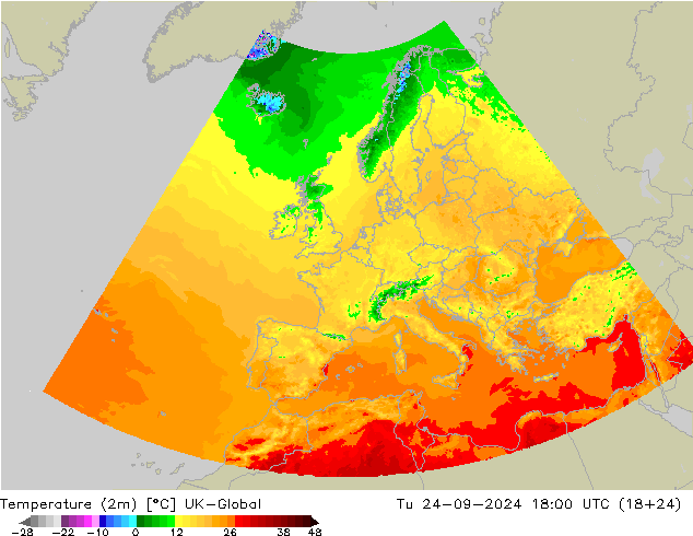 Temperatura (2m) UK-Global Ter 24.09.2024 18 UTC