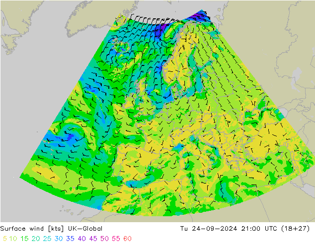 Surface wind UK-Global Út 24.09.2024 21 UTC