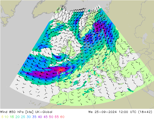 Rüzgar 850 hPa UK-Global Çar 25.09.2024 12 UTC