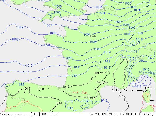 Surface pressure UK-Global Tu 24.09.2024 18 UTC