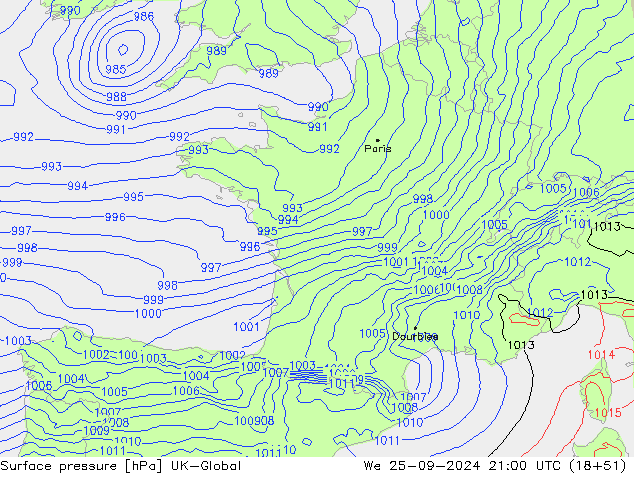 pression de l'air UK-Global mer 25.09.2024 21 UTC