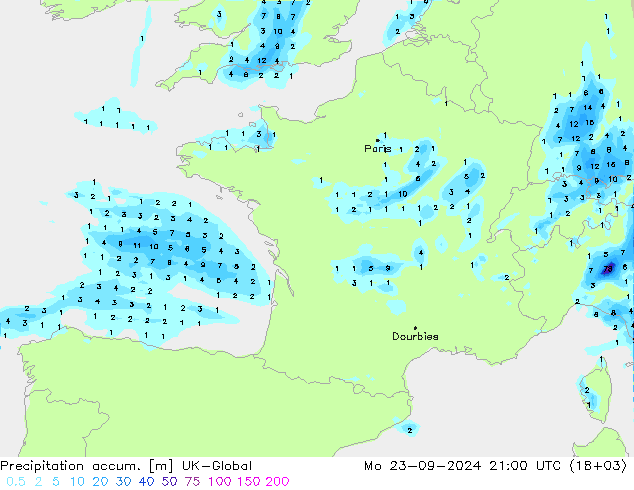 Precipitation accum. UK-Global Mo 23.09.2024 21 UTC