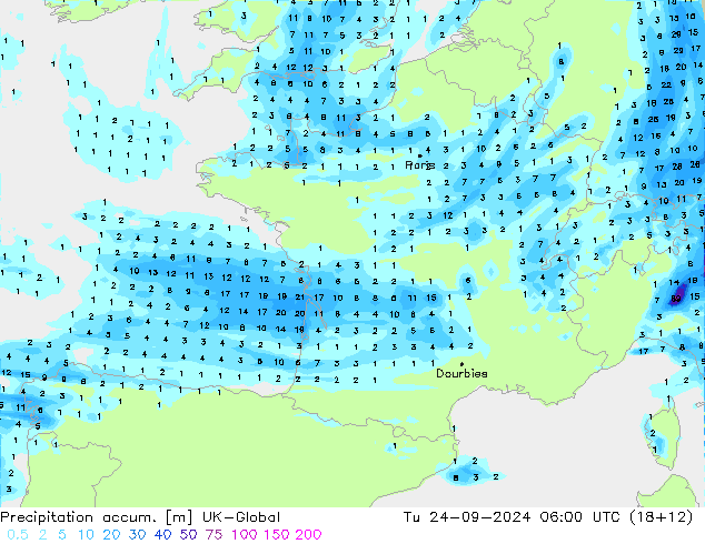 Precipitation accum. UK-Global вт 24.09.2024 06 UTC