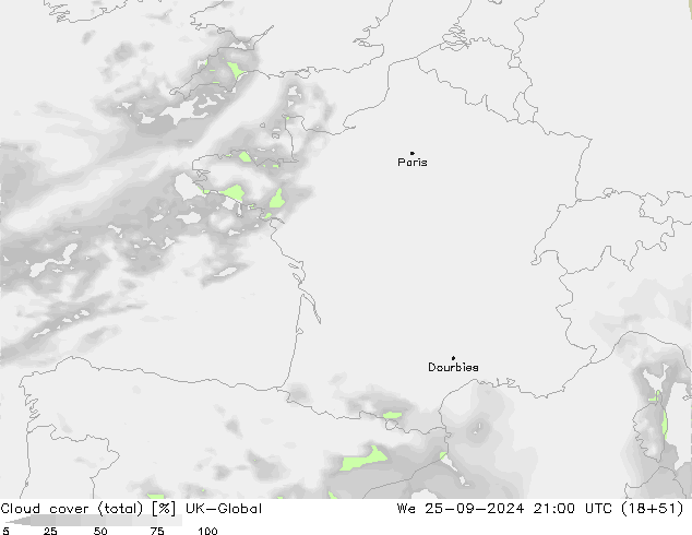 Nuages (total) UK-Global mer 25.09.2024 21 UTC